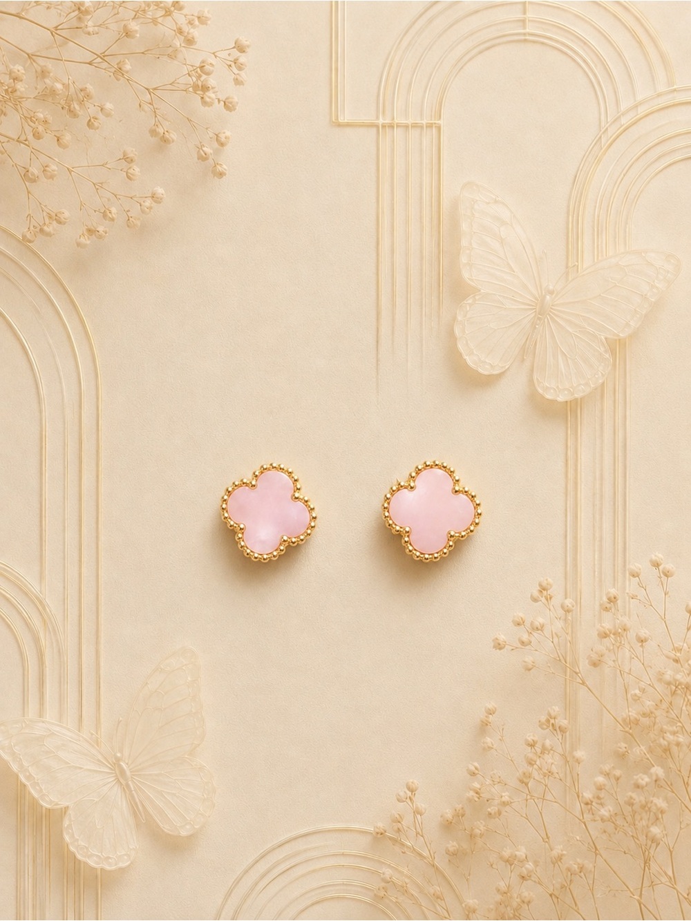 Gold & Pink Clover MOP Mini Stud Earrings - Women Jewelry